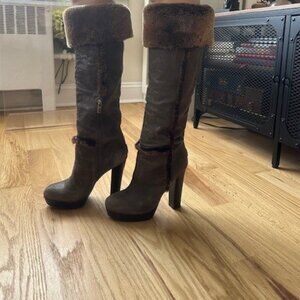 Tory Burch Sebastian Leather Shearling Fur Knee High Platform Distressed Boots